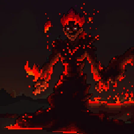 <lora:SNES Earthbound Enemies V11:0.6> earthbound_enemy, pixelart, drop shadow <lora:Terraria Style - V1:0.6> terraria_style, 2d, fire_elemental, fiery/man, choas aroumd, depth of field, dark sky,<lora:LCM_SD15:1.0>