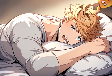 1boy, male focus, vane \(granblue fantasy\), granblue fantasy, lying, on bed, bed, pillow, shirt, solo, looking at viewer, annoyed, open mouth, best quality, amazing quality, best aesthetic, absurdres