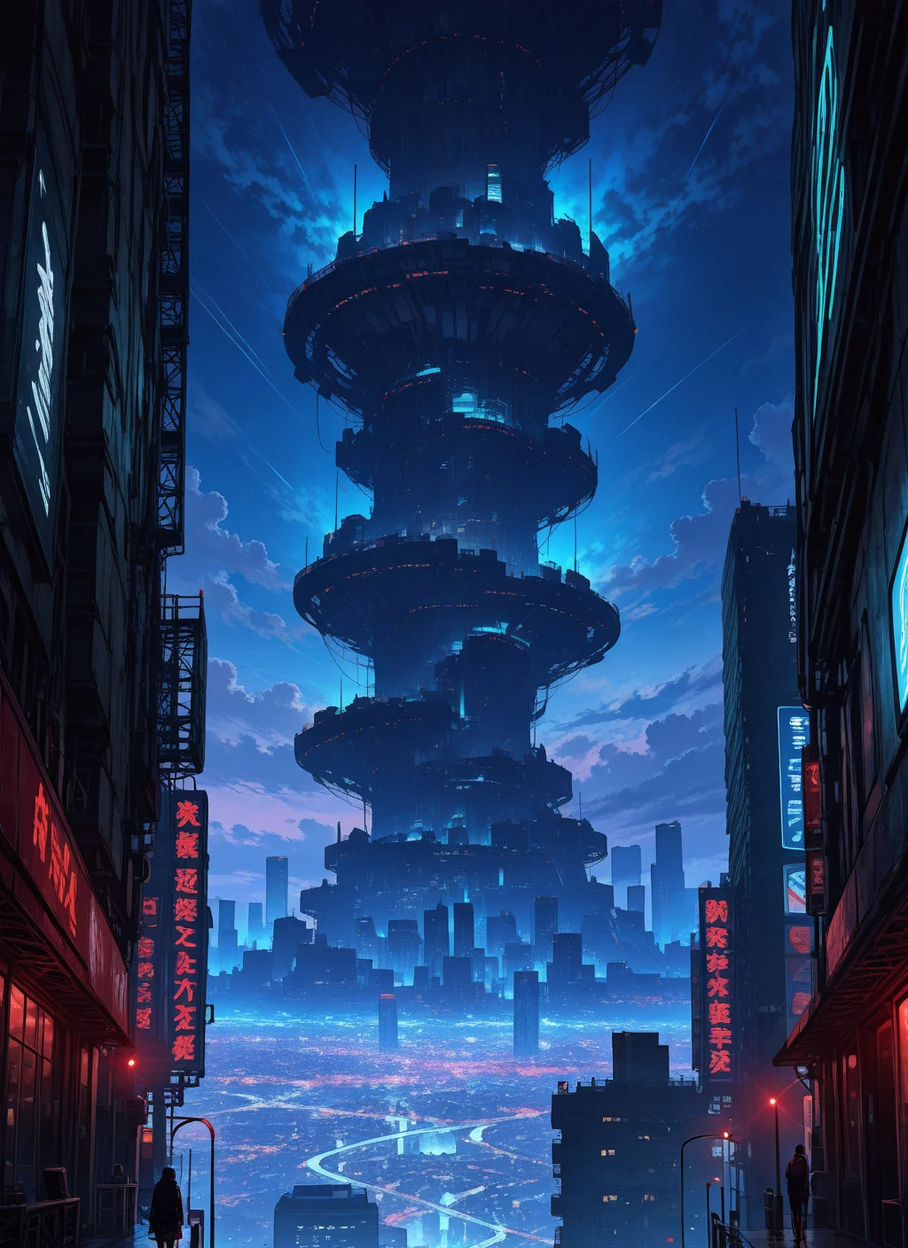 artist:, masterpiece, best quality, newest, very awa, absurdres, highres, scnr, night, sci-fi city, giant futuristic buildings, blue lights, red lights, detailed, <lora:SDXL\Illustrous\Concept\Scenery_Enchancer-Illu-scnr:1.0>