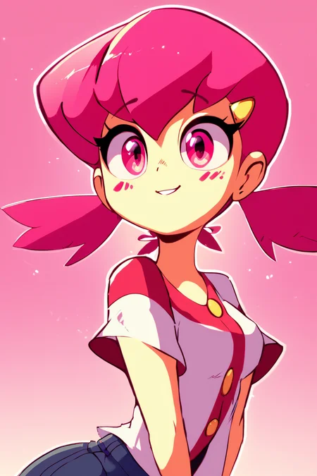 score_9, score_8_up, score_8, medium breasts, (curvy), cute, eyelashes,       BREAK, , <lora:WhitneyPDXL:0.8>, zzWhitney, pink eyes, pink hair, pigtails, hair clip, , BREAK, smile, looking at viewer, cowboy shot, embedding:zPDXL,  <lora:DiivesP1:1.0>,