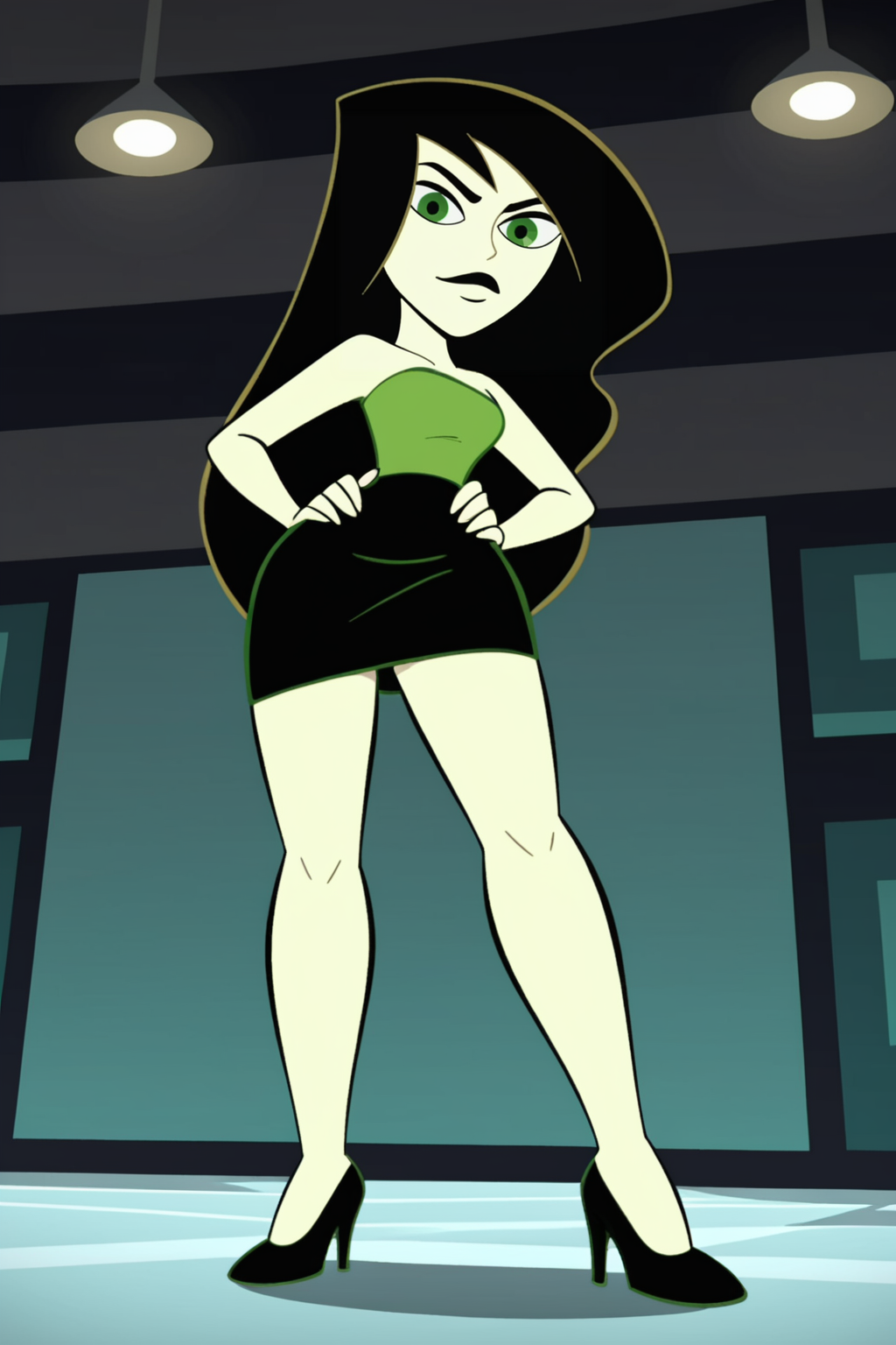 score_9, score_8_up, score_7_up, score_6_up, score_5_up, score_4_up, BREAK, <lora:Go:.8>, 1girl, Go, colored skin, green skin, black lipstick, black hair, green eyes, green tube top, midriff, strapless, black skirt, black high heels, closed mouth, hands on hips, from below, looking at viewer, stepping on viewer