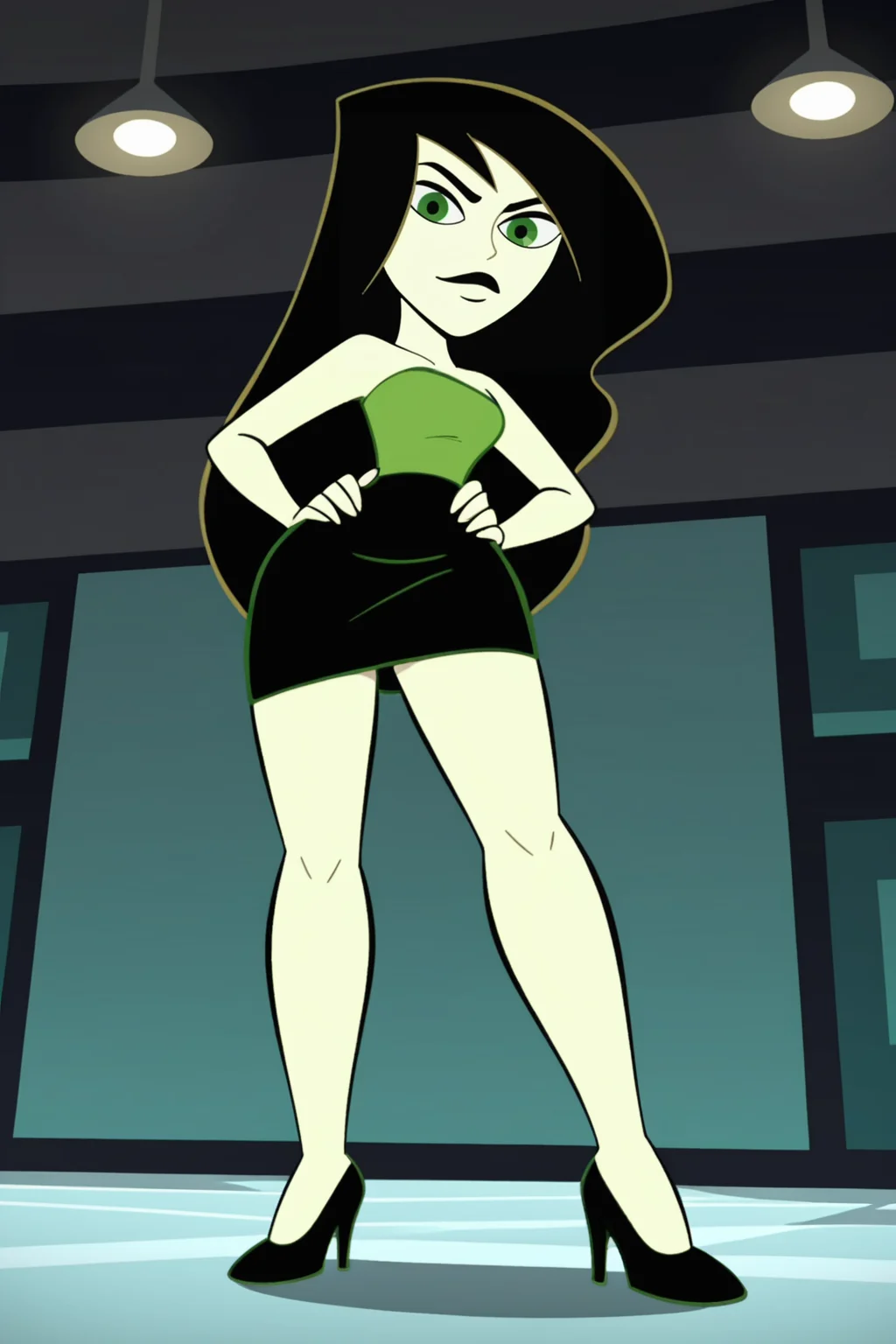 score_9, score_8_up, score_7_up, score_6_up, score_5_up, score_4_up, BREAK, <lora:Go:.8>, 1girl, Go, colored skin, green skin, black lipstick, black hair, green eyes, green tube top, midriff, strapless, black skirt, black high heels, closed mouth, hands on hips, from below, looking at viewer, stepping on viewer