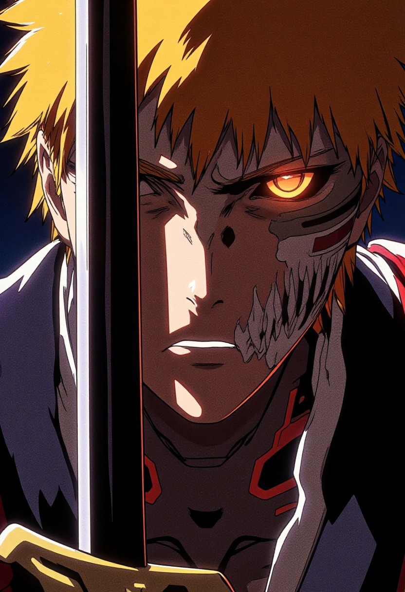 A close-up of Ichigo holding a black katana infront of his face. His blade reflecting light. 
Cinematic lighting, volumetric lighting, 8k quality