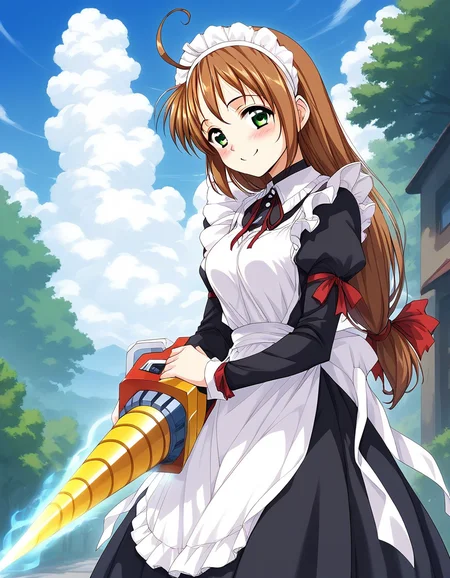 score_9, score_8_up, score_7_up, source_anime, rating_explicit, BREAK <lora:Spiral_Nami_Ver2.0_XL:1> Spiral_Nami_drill, brown hair, green eyes, maid headdress, ahoge, low-tied long hair, maid, medium breasts,
smile, apron, sky, cloud, day, outdoors, blush, looking at viewer, holding, ribbon, long sleeves, red ribbon, bow
outdoor, sky, spark, aura,