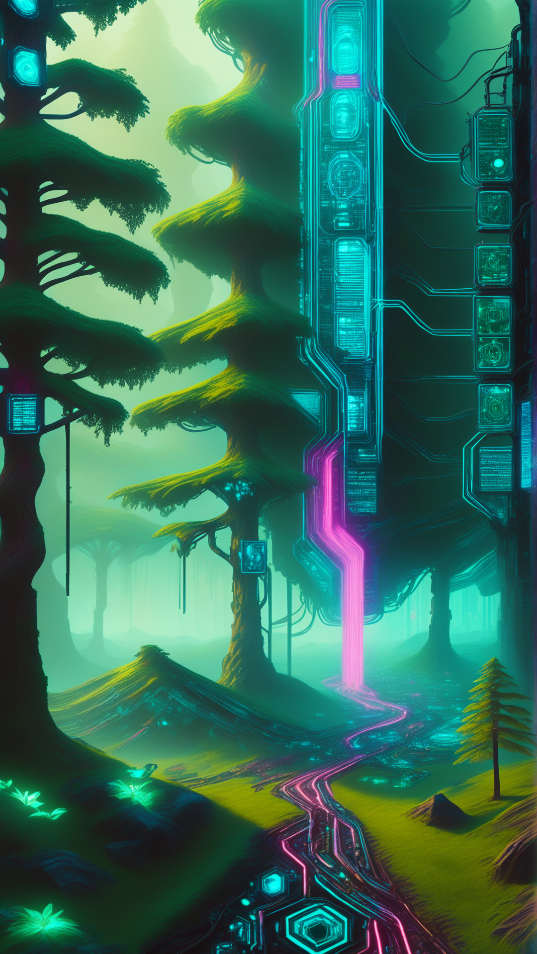 score_9, score_8_up, score_7_up, score_6_up, <lora:CyberpunkWorldPony:1> CyberpunkWorld soft beds of moss cushioning the forest floor, cyberpunk, neon lights, glow, blue tone, sci fi, tech, (Masterpiece:1.3) (best quality:1.2) (high quality:1.1)