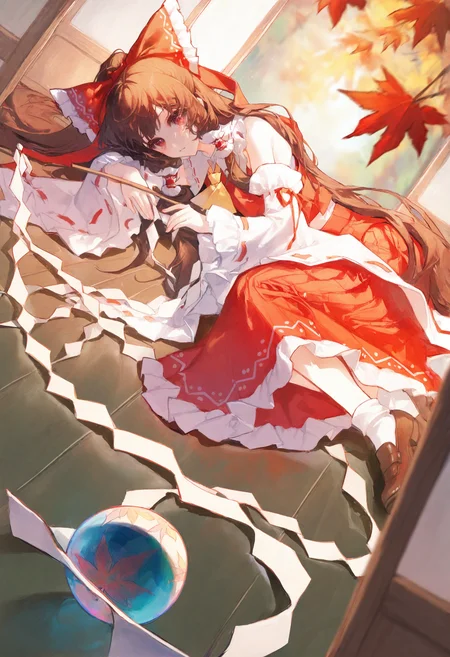 <lora:match2_noob1.1-000190:1>,
1girl, hakurei reimu, long hair, solo, brown hair, bow, hair bow, detached sleeves, red skirt, red bow, skirt, wide sleeves, frills, hair tubes, ascot, white socks, yellow ascot, socks, red eyes, lying, shoes, very long hair, gohei, on side, looking at viewer, ball, frilled bow, holding, ribbon-trimmed sleeves, sidelocks, nontraditional miko, ribbon trim, long sleeves, leaf, frilled hair tubes, vest, autumn leaves, orb, white sleeves, maple leaf, full body, red vest, japanese clothes, brown footwear, brown eyes, bare shoulders, indoors, frilled skirt,
masterpiece,best quality,newest,absurdres,highres,very awa,
