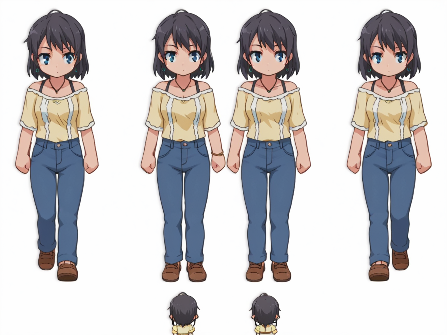 score_9, score_8_up, score_7_up, source_anime,
BREAK
<lora:shiSpriteV2:0.9>, spfrt, sprite sheet, multiple views, chibi, full body, 
1girl, standing, walking,  
simple background, white background, 
anime screencap, anime coloring, 
<lora:shiYukSisV1:1> harudef, short hair, black hair, blue eyes, yellow shirt, earrings,jewelry, necklace, blue pants, off shoulder,  jeans, brown footwear, shoes,