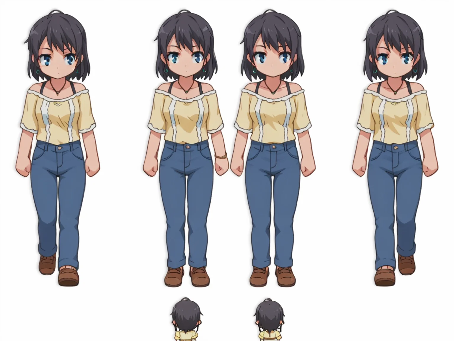 score_9, score_8_up, score_7_up, source_anime,
BREAK
<lora:shiSpriteV2:0.9>, spfrt, sprite sheet, multiple views, chibi, full body, 
1girl, standing, walking,  
simple background, white background, 
anime screencap, anime coloring, 
<lora:shiYukSisV1:1> harudef, short hair, black hair, blue eyes, yellow shirt, earrings,jewelry, necklace, blue pants, off shoulder,  jeans, brown footwear, shoes,
