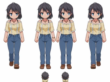 score_9, score_8_up, score_7_up, source_anime,
BREAK
<lora:shiSpriteV2:0.9>, spfrt, sprite sheet, multiple views, chibi, full body,
1girl, standing, walking,
simple background, white background,
anime screencap, anime coloring,
<lora:shiYukSisV1:1> harudef, short hair, black hair, blue eyes, yellow shirt, earrings,jewelry, necklace, blue pants, off shoulder, jeans, brown footwear, shoes,