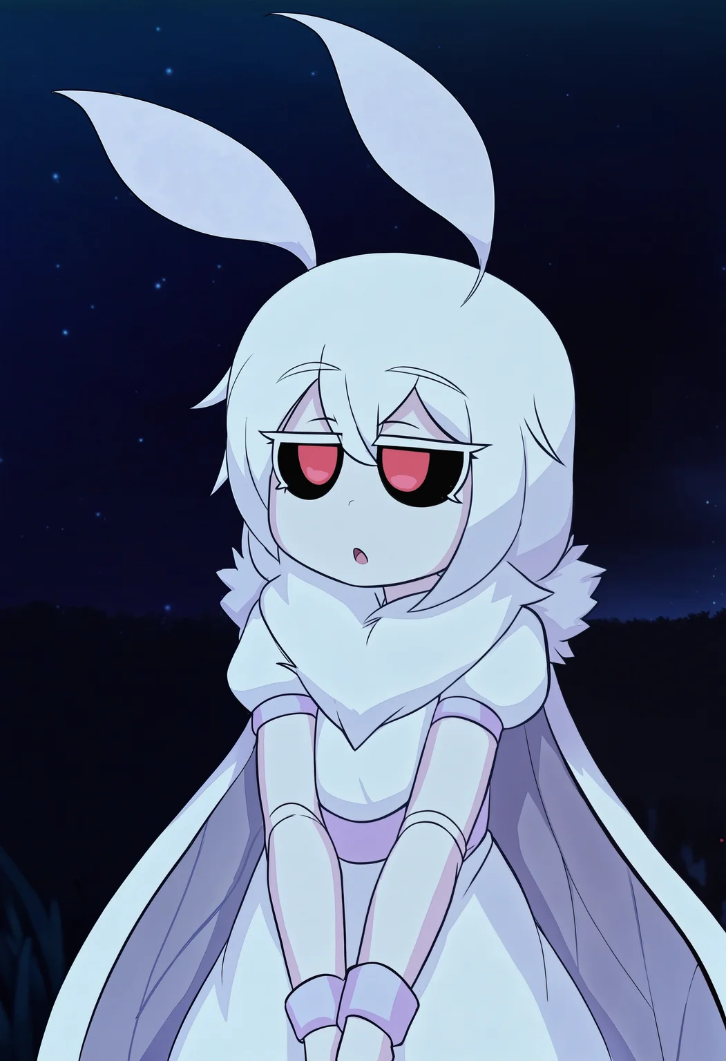 (jitome, expressionless:1.1), 1girl, akutox3, puffy_sleeves, moth girl, moth_wings, white hair, colored_eyelashes, white eyelashes, long sleeves, white dress, moth_antennae, red eyes, black sclera, arthropod_girl, arthropod_limbs, extra arms, v arms, standding, looking up, :o, night, night sky, nighttime, outdoors, child, female child, masterpiece, best quality, newest, absurdres, highres