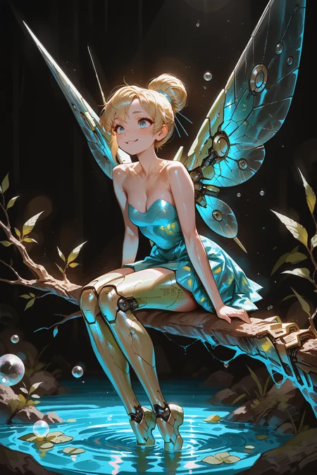 masterpiece, best quality, amazing quality, very aesthetic, absurdres, newest, TinkerWaifu, Mechanized wings, blonde hair, blue eyes, Mechanized green dress, sexy, single hair bun, strapless,solo,
1girl Sitting on a branch, reflections
Full of liquid, bubbles, particles and dust, corvine wings outstretched against azure sky. Granular detail on plumage texture. Augment with diaphanous clouds and iridescent sheen on wings., BREAK Focus on subject's introspective pose and the stark contrast between organic and inanimate elements., futuristic sci-fi,
intriguing atmosphere, black simple background,shadowy lighting, cinematic atmosphere, <lora:ponyv4_noob1_2_adamW-000017:0.7000000000000001> <lora:USNR_STYLE_XL_lokr:0.7> <lora:TinkerExtra_character-10(Illustrous):0.6>