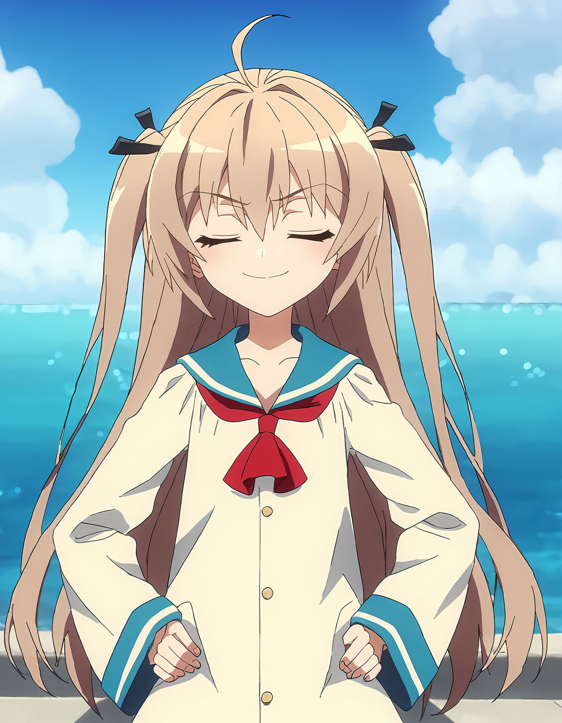 score_9, score_8_up, score_7_up, score_6_up, score_5_up, score_4_up, source_anime, <lora:ATRI_T1V1:0.90>, <lora:sdxl_lightning_8step_lora:1>, 
1girl, solo, anime screencap,
ATRI_T1V1, light brown hair, long hair, two side up, hair between eyes, ahoge, 
hair black ribbon, eyes visible through hair, 
school uniform, sailor dress, white dress, long sleeves, wide sleeves, blue sailor collar, red neckerchief, 
standing, hands on own hips, 
facing viewer, closed eyes, closed mouth, doyagao, sumg, v-shaped eyes, smirk, 
outdoors, blue sky, ocean, horizon, day, upper body, straight-on,