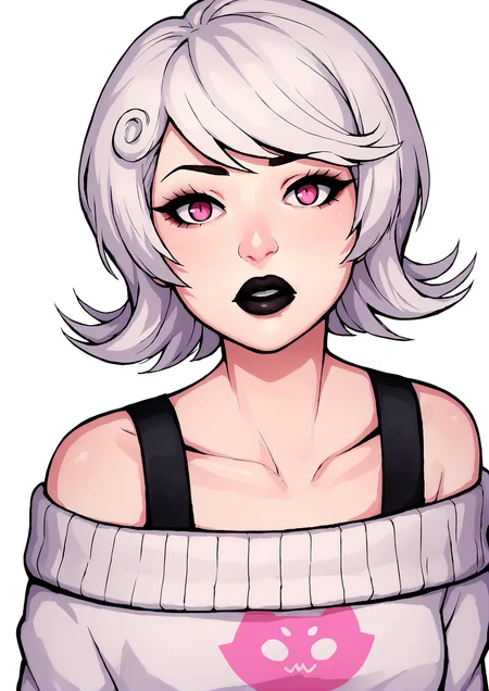 score_9, score_8_up, score_7_up, score_6_up, score_5_up, score_4_up, 2d, anime, anime artstyle, simple shadows, flat coloring, flat shadows, thick lines, white outline, <lora:Roxy_Lalonde_-_Homestuck__Variant_canon_outfits__SDXL_Pony:1> roxlal, 1girl, solo, simple background, white background, bare shoulders, purple eyes, upper body, white hair, pink eyes, off shoulder, sweater, eyelashes, makeup, lipstick, black lips, detailed face, face close up BREAK source_anime