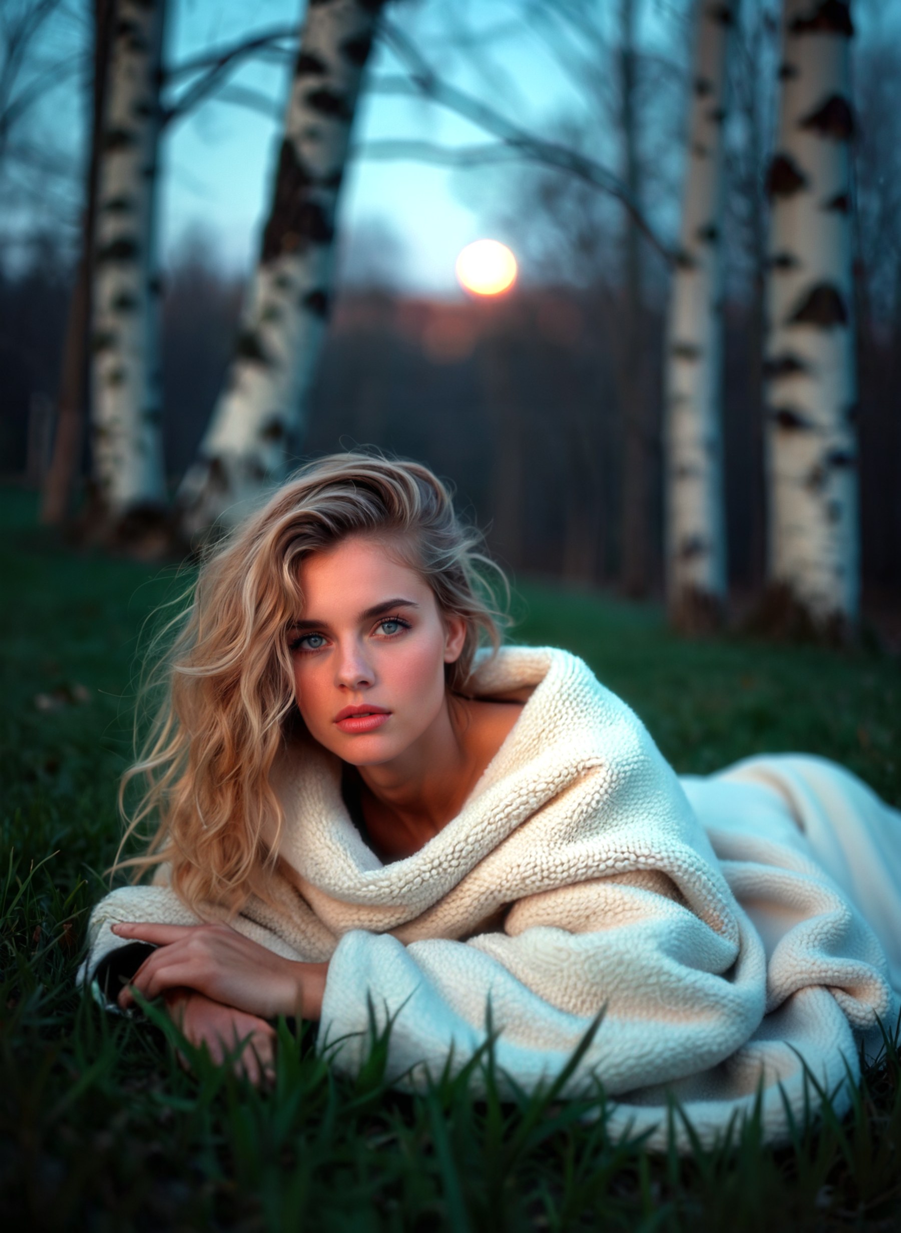 Photograph of a young woman lying on the grass in a forest. She is wearing a white knitted sweater and her blonde hair is styled in loose waves. The woman is looking directly at the camera with a serious expression on her face. The background is blurred, a wooded area with tall trees and a full moon in the sky. The lighting is soft and warm, creating a dreamy atmosphere. The overall mood of the image is dreamy and ethereal. <lora:add-detail-xl:.5>  <lora:Flux-style-xl-lora:.5>
