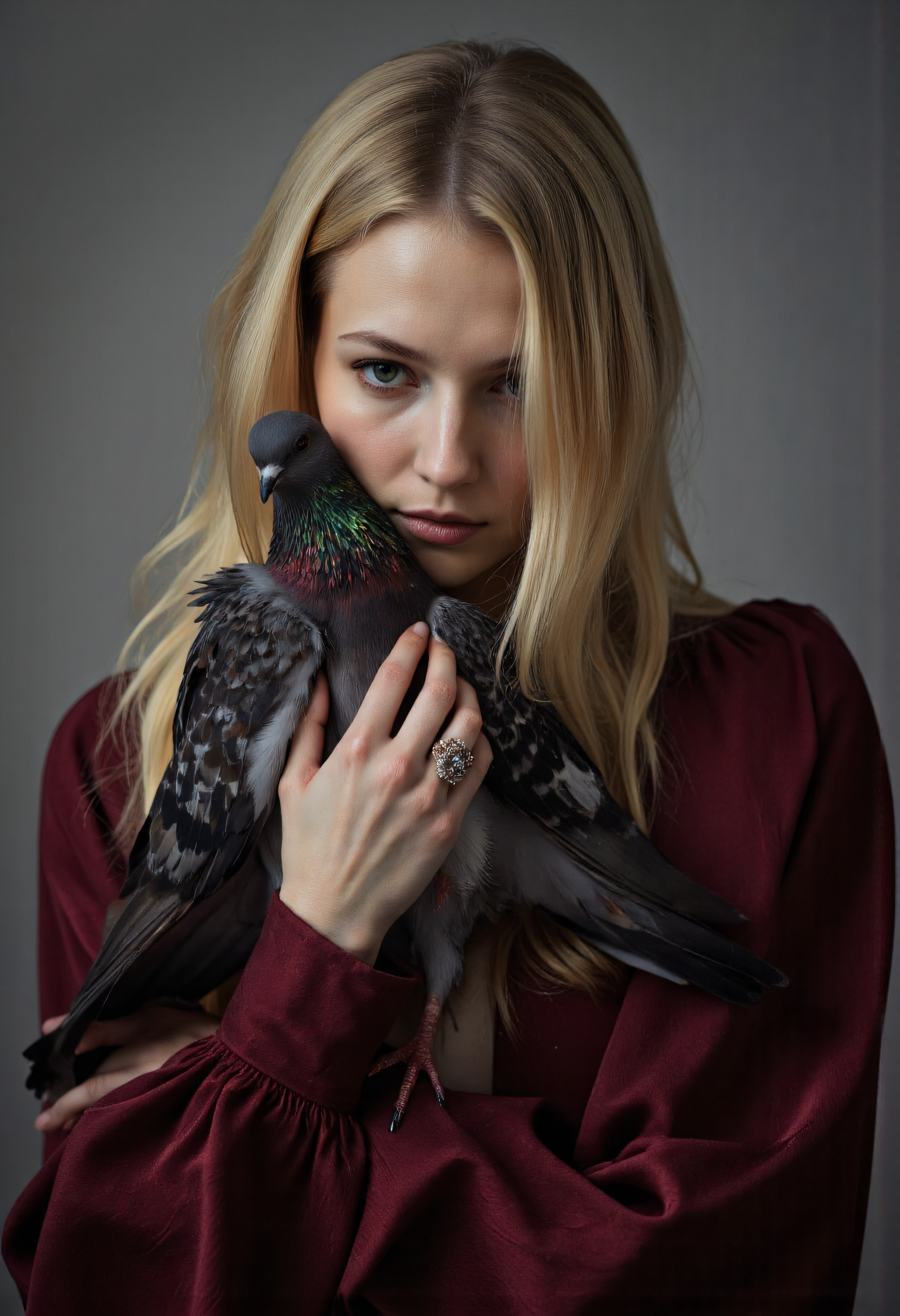 A dramatic portrait photo of a woman with straight blonde hair, gently holding a grey and iridescent pigeon close to her face, wearing a rich burgundy dress and an ornate diamond ring, set against a muted grey background, in the style of yousuf-karsh, ultra-detailed, high contrast, cinematic lighting, evocative and timeless, studio portrait, realistic skin texture, intricate feather and fabric details, 8k resolution.