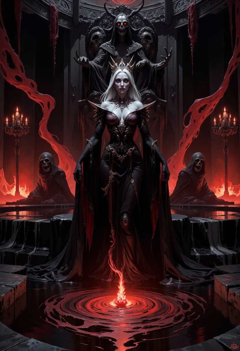 (in Boris Vallejo style:1.4), (masterpiece:1.2) The warlock queen rises slowly from the abyssal pool, her alabaster skin a stark contrast against the inky black liquid that clings to her like a second skin. Her long, silver hair cascades down her back, framing her face, which is marked by a sharp, cruel expression. The throne room is vast and foreboding, bathed in deep shadows, with a grand domed ceiling that disappears into darkness. The black marble floors stretch out beneath her, reflecting the shimmering surface of the pool and the red, glowing sigils that float and twist in the air. Behind her stands an imposing throne, carved from bone and dark metal, shaped into grotesque faces frozen in eternal screams. The walls are adorned with silver candelabras, their red flames flickering, casting a harsh, crimson light on the room's dark corners. Her gown is a masterpiece dark silk, accented with silver threads that shimmer faintly in the dim light. The queen’s gaze is cold, her expression unreadable as she steps from the black pool onto the solid, reflective floor. (red, black, and silver color palette:1.2), (intricate throne room details:1.1), (high resolution:1.2), (best quality:1.1)