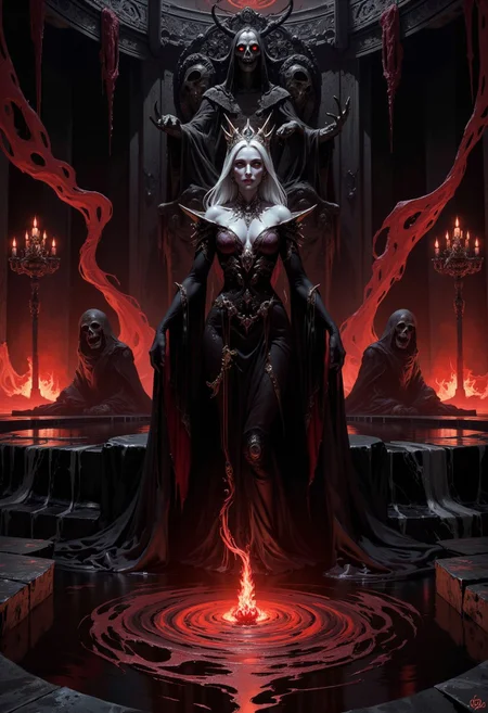 (in Boris Vallejo style:1.4), (masterpiece:1.2) The warlock queen rises slowly from the abyssal pool, her alabaster skin a stark contrast against the inky black liquid that clings to her like a second skin. Her long, silver hair cascades down her back, framing her face, which is marked by a sharp, cruel expression. The throne room is vast and foreboding, bathed in deep shadows, with a grand domed ceiling that disappears into darkness. The black marble floors stretch out beneath her, reflecting the shimmering surface of the pool and the red, glowing sigils that float and twist in the air. Behind her stands an imposing throne, carved from bone and dark metal, shaped into grotesque faces frozen in eternal screams. The walls are adorned with silver candelabras, their red flames flickering, casting a harsh, crimson light on the room's dark corners. Her gown is a masterpiece dark silk, accented with silver threads that shimmer faintly in the dim light. The queen’s gaze is cold, her expression unreadable as she steps from the black pool onto the solid, reflective floor. (red, black, and silver color palette:1.2), (intricate throne room details:1.1), (high resolution:1.2), (best quality:1.1)