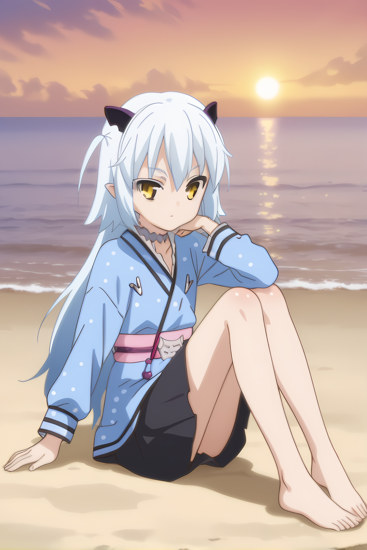 (casual clothes), mt-shiroyasha, white hair, yellow eyes, short horns, 1girl, solo, skinny, feet, (score_9, score_8, score_7), source_anime, , (sunset), (1.3::full body|sitting|standing|lying|0.6::close-up| :1.20), <lora:mt-shiroyasha-V01-000003:1.00>