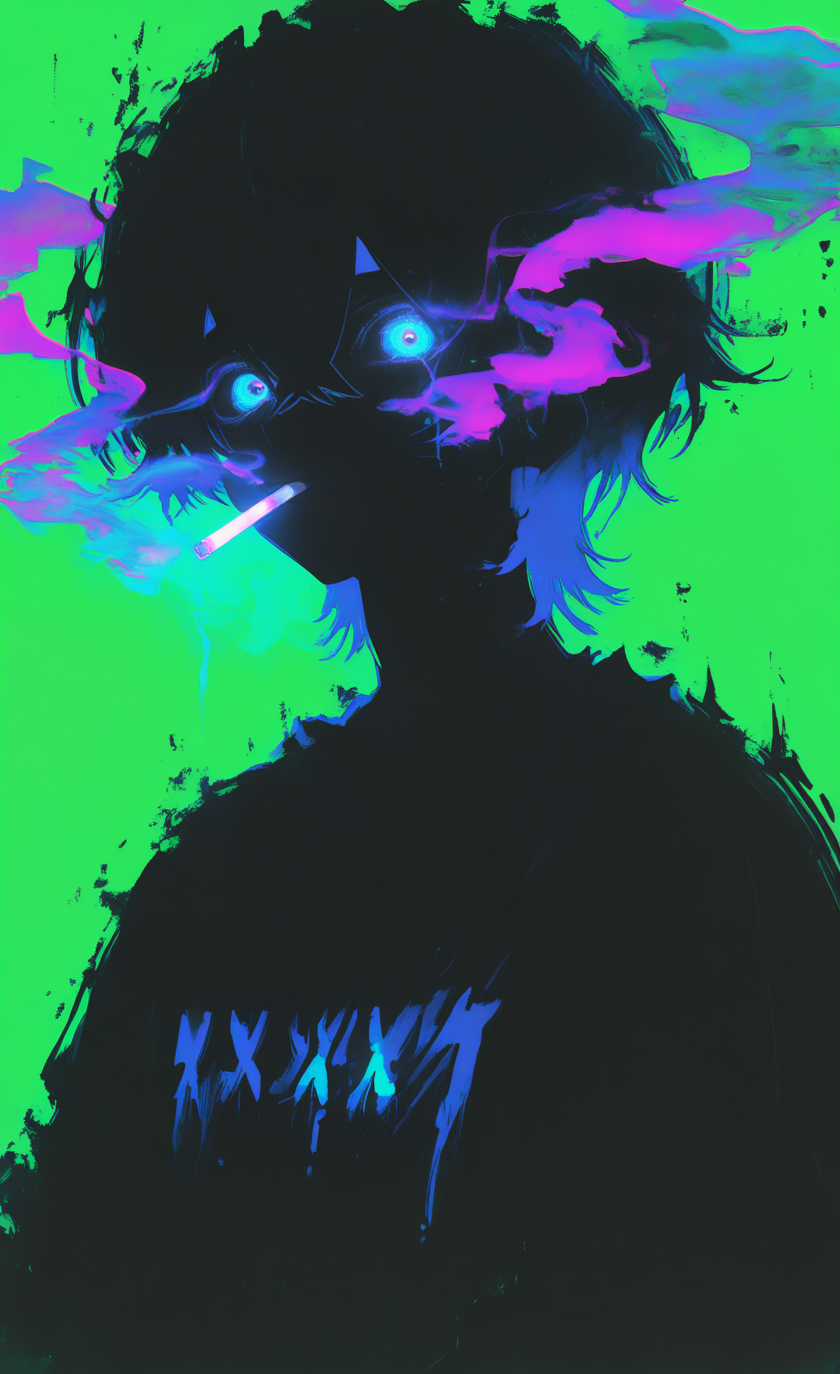 masterpiece,best quality,amazing quality,  1boy, solo, short hair, blue eyes, brown hair, black hair, hair between eyes, looking at viewer, shirt, male focus, black shirt, mouth hold, crossed bangs, smoke, cigarette, smoking,
upper body, simple background, green background, xxx667_illu,15546+456868,
limited palette, glowing, psychedelic, black theme <lora:illustriousXL_stabilizer_v1.23:0.3> <lora:NOOB_vp1_detailer_by_volnovik_v1:0.3> <lora:ponyv6_noobE11_2_adamW-000017:0.3> <lora:shiej007:0.4> <lora:XXX667:0.95> <lora:114558v4df2fsdf5:1>