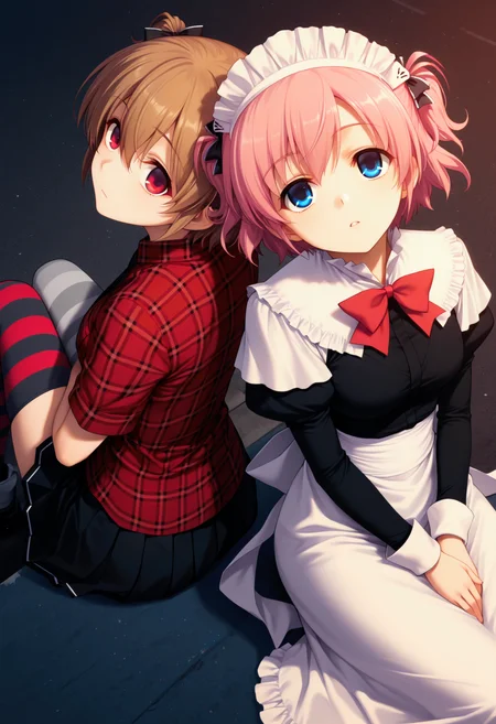 2girls, sitting, from above, dusk, parking lot, hugging own legs, looking up, back-to-back, leaning on person, head tilt,
very awa, masterpiece, best quality, highres, absurdres
ADDCOMM
<lora:Irisu_Makina_20:1.0>, red eyes, brown hair, hair between eyes, short hair, short twintails, hair bow,
M4k1Ed3n, black bow, red shirt, plaid shirt, breast pocket, short sleeves, black necktie, untucked shirt, black skirt, pleated skirt, mismatched legwear, asymmetrical legwear, red striped leggings, grey striped leggings
ADDCOL
<lora:Char_KomineSachi:1.0>, blue eyes, pink hair, short hair, two side up, hair ribbon,
S4ciM4id, maid headdress, black shirt, frilled dress, frilled collar, capelet, red bowtie, juliet sleeves, long sleeves, maid apron, long dress, back bow