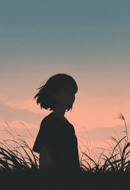 masterpiece, best quality, very aesthetic, 1girl, solo, upper body, grass, dusk, backligting, three quarter view