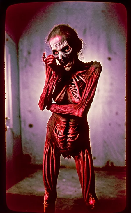 horrific amateur photo of a deadite evil grandma, super detailed, intricate and complex composition, three point lighting, high contrast, gory, blood, horror, terror, disturbing, dramatic, atmospheric, ( at dusk :1.1), light leaks , (Ektachrome or Kodachrome:1.3),( 1980s :0.6),(vintage Super 8