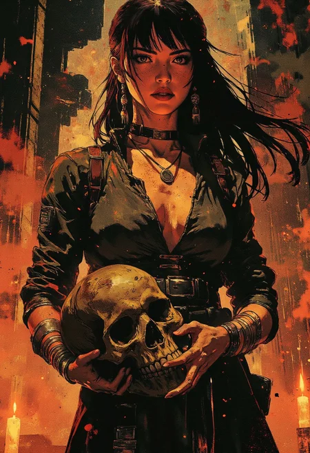 df_style, detailed anime image, perfect hands, detailed face, realistic skin texture, hauntingly beautiful oriental necromancer, long flowing brown hair, bangs, darkly tanned skin, earrings, bone necklaces, dark eyeshadow, red lips, vibrant, front-laced tunic, cleavage, holding skull, sandstone room lit by candles, High Detail, Perfect Composition, high contrast, silhouetted, chiascuro