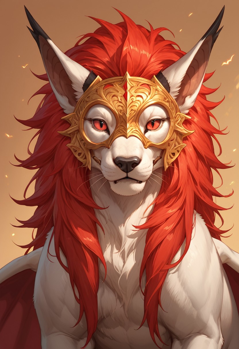 solo, score_9,score_8_up,score_7_up, solo, ((feral)), portrait, close up,  ((female)), seductive, rosard, furry dragon, white body, white lion head, golden mask on face, red eyes, black nose, black bridge of nose, ((bat black ears)), (((long ears))), ((red mane)), detailed background