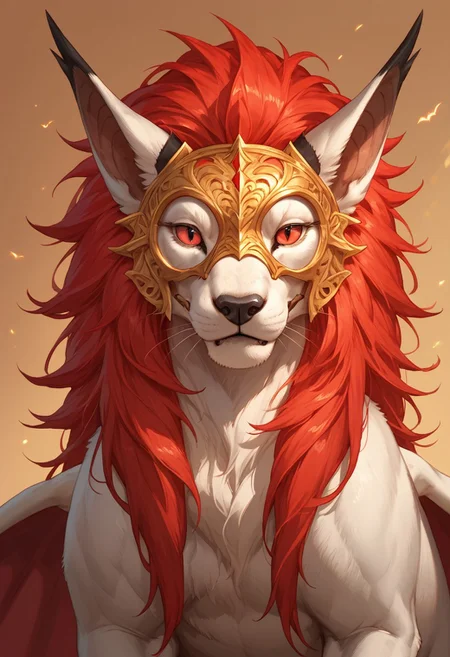 solo, score_9,score_8_up,score_7_up, solo, ((feral)), portrait, close up,  ((female)), seductive, rosard, furry dragon, white body, white lion head, golden mask on face, red eyes, black nose, black bridge of nose, ((bat black ears)), (((long ears))), ((red mane)), detailed background