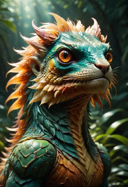 Mix the scorpion with iguana and lion to create magical creature with big glowing eyes, masterpiece, Surrealism, close-up, macro photo, f/1.2, backlighting, Albert Edelfelt, multicolored hair