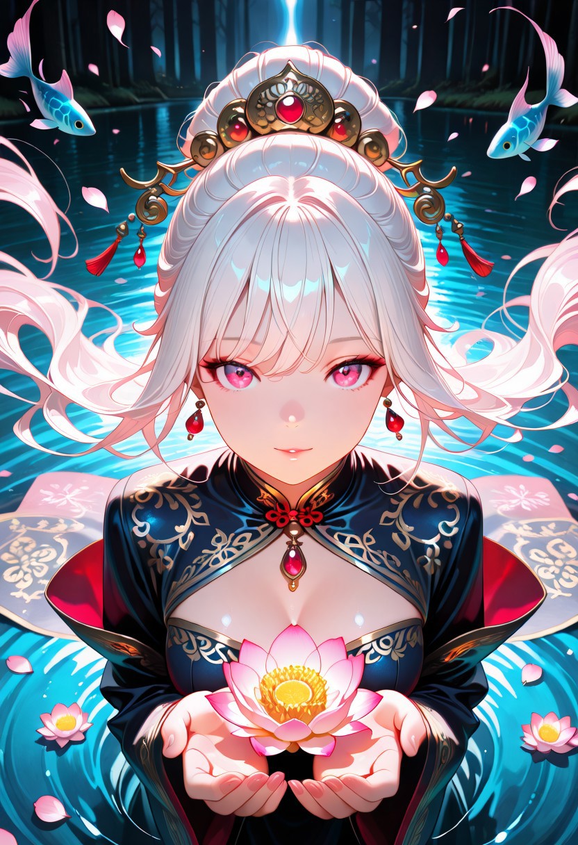 masterpiece, best quality, very aesthetic, absurdres, stylized, newest, depth of field, HDR, high contrast, sharp focus, 8k resolution, digital art, anime style, vibrant colors, photorealistic, smooth gradients, fantasy art style, cinematic lighting, mystical aura, art nouveau inspired, (soft lighting:1.2), (lighting from above:1.2), (scenery), (detailed background design), Anime girl, 1girl, solo (ethnicity:1.2), (detailed clothing:1.2), (accessories:1.1), (facial features:1.3), (expression:1.2),  (body type:1.1), (pose:1.2),  wearing ornate traditional Chinese attire, dark navy blue and crimson red, with intricate gold embroidery, (detailed hair:1.2),  with silver-white hair styled in elaborate updo, (jewelry:1.1) adorned with jewels and gems,  finger on lips in a contemplative pose, centered in the image, looking at viewer, seated, with serene expression, in front of a pond, a blooming lotus flower (detailed petals:1.1) in soft pastel pink and white, (water reflections:1.1), dark background with floating fish,  (water surface:1.2), beautiful digital painting, fantasy style, vibrant colors,  (lighting:1.2), soft lighting, photorealistic style,  (atmospheric details:1.2), subtle smoke and mist, high detail, 8k resolution.