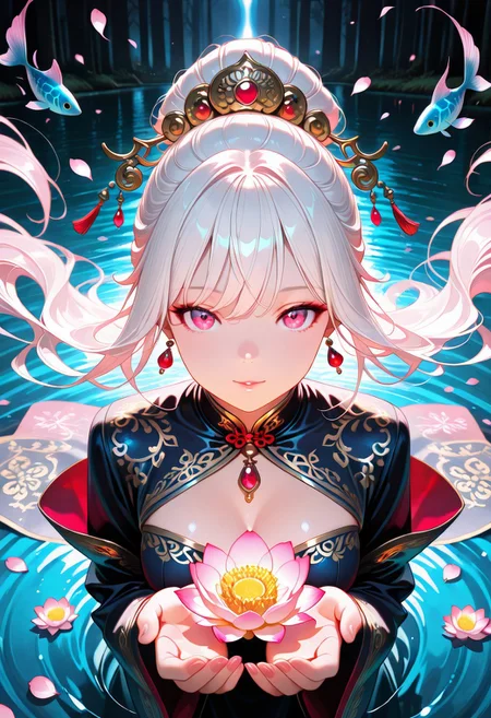 masterpiece, best quality, very aesthetic, absurdres, stylized, newest, depth of field, HDR, high contrast, sharp focus, 8k resolution, digital art, anime style, vibrant colors, photorealistic, smooth gradients, fantasy art style, cinematic lighting, mystical aura, art nouveau inspired, (soft lighting:1.2), (lighting from above:1.2), (scenery), (detailed background design), Anime girl, 1girl, solo (ethnicity:1.2), (detailed clothing:1.2), (accessories:1.1), (facial features:1.3), (expression:1.2),  (body type:1.1), (pose:1.2),  wearing ornate traditional Chinese attire, dark navy blue and crimson red, with intricate gold embroidery, (detailed hair:1.2),  with silver-white hair styled in elaborate updo, (jewelry:1.1) adorned with jewels and gems,  finger on lips in a contemplative pose, centered in the image, looking at viewer, seated, with serene expression, in front of a pond, a blooming lotus flower (detailed petals:1.1) in soft pastel pink and white, (water reflections:1.1), dark background with floating fish,  (water surface:1.2), beautiful digital painting, fantasy style, vibrant colors,  (lighting:1.2), soft lighting, photorealistic style,  (atmospheric details:1.2), subtle smoke and mist, high detail, 8k resolution.