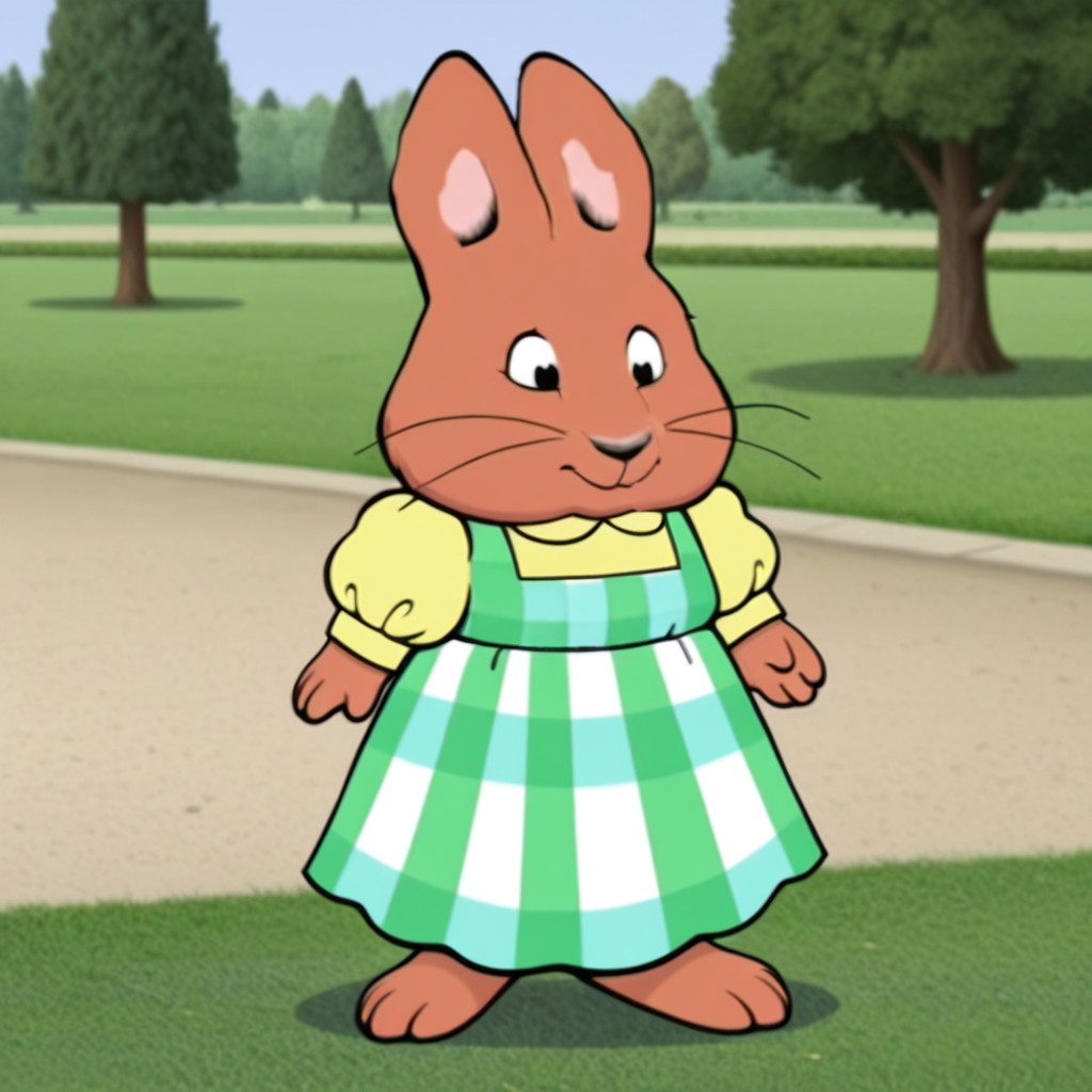 masterpiece, best quality, amazing quality, Louisem&ril, semi-anthro, female, rabbit_girl, brown fur, black eyes, whiskers, green tartan dress, yellow blouse, puffy sleeves, in a park, solo, full body, <lora:0f9ac66f-db28-4074-95df-3539ad15f185:1.0>
