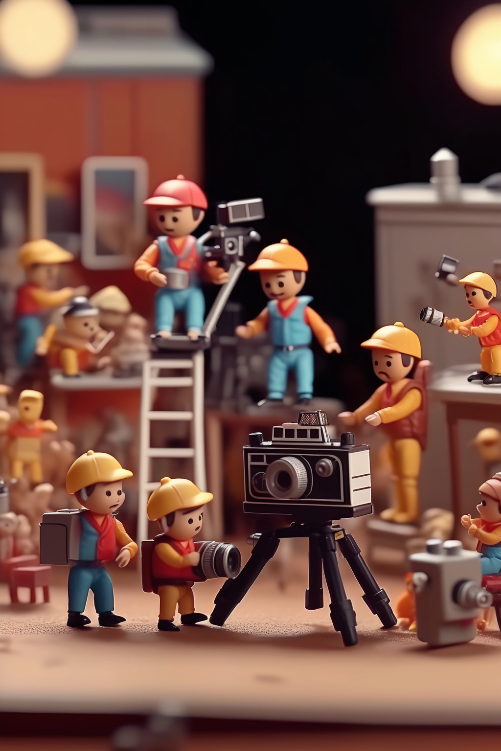 <lora:Stop-Motion Animation:1>Stop-Motion Animation - stop motion film of toys that have come to life, cute, happy, charaters with a cinema-camera filming a scene