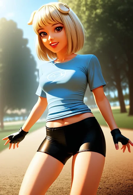 SFW, rating_all, score_10, score_8_up, score_7_up, beautiful, realistic, detailed, perfect, quality, vector, flat colors, masterpiece, solo, ((female focus)), 1female, daytime, park, grass, ((dazzling dynamic lighting, climatically dynamic shadowing, cinematic angle)), doribun, blonde hair, medium hair, blunt bangs, dark skin, dog ears, Blue shirt, White symbol, Black shorts, tail, white socks, white shoes, fingerless gloves, black gloves, pink collar, (((brown colored eyes))), ((glowing_eyes:0.2)), perfect hand, perfect fingers, eyesHD, high gradient eyes, detailed eyes, high definition eyes, smile, looking at viewer