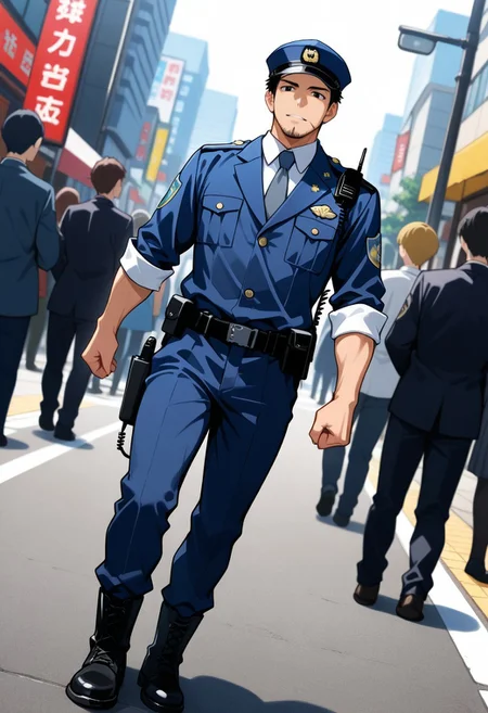 score_9, score_8_up, score_7_up, score_6_up, perfect anatomy, perfect proportions, best quality, masterpiece, high_resolution, high quality, aesthetic, absurdres, male focus, solo male, adult, mature, masculine, manly, handsome, charming, alluring, standing, (solo focus, full body, dutch angle, cowboy shot,) BREAK (asian male, japanese male:1.3), black eyes, black hair, short hair, facial hair, stubble, BREAK Japanese Winter Police Uniform, HannekenJpPcWt05, white collared shirt, grey blue necktie, rank insignia, sleeves rolled up, Japanese police emblem, dark blue pants, Walkie-Talkie, hip holster, black boots, ((Ryakubo cap, Ryakubo\(fatigue cap\))), outdoors, japanese modern city, Intersection, traffic, crowd, pedestrian, blurred background