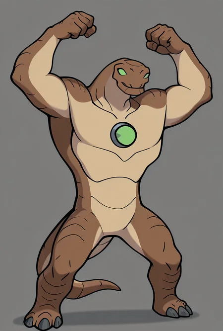 <lora:humungousaur-08:1> humungousaur, dinosaur, 1boy, male focus, solo, green eyes, muscular, no humans, brown skin, , green sclera, tail, no pupils, dynamic pose <lora:HHChar:1> hkcharacter, masterpiece, best quality, amazing quality, very aesthetic, absurdres, newest,