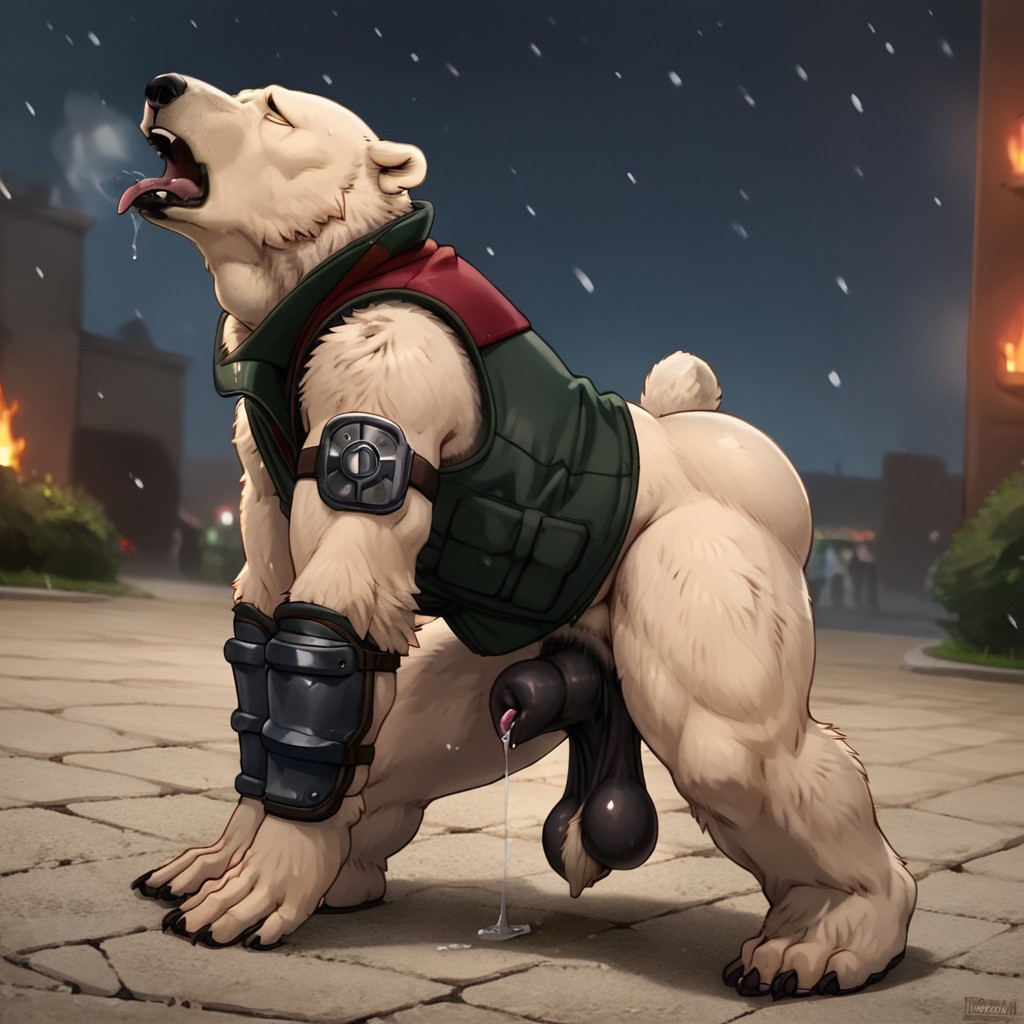 Zpdxl3, Score_7_up, score_8_up, solo male, 2d, source_cartoon, source_anime, Expressiveh, side view, from side, [Bara]
BREAK,
Garcia, anthro, polar bear, sleeveless vest, bracer, (arched back, ass out, bear tail:1.2), (hands on ground:1.25), [squatting], arm support, leaning forward, saggy balls, black balls, ball tuft, balls on ground, penis sheath, precum from sheath, precum leaking, moaning, o mouth, o face, precum string, pre-cum strand, 
Long bridge, outdoors, nighttime, snowing, snow rainbow lights, runway,