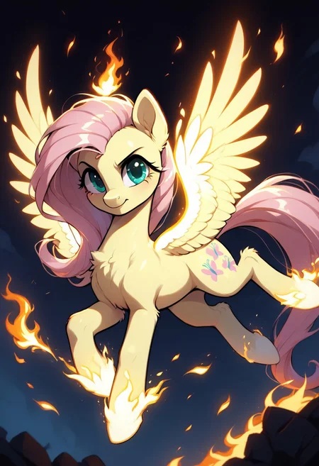 core_9, score_8_up, score_7_up, score_5_up, source_anime, Fluttershy, depicted as a powerful and magical pony with clearly equine facial features, surrounded by vibrant, glowing magical energy swirling dynamically around her. The magic radiates in shades of neon pink, fiery red, and glowing y3ll0wblu3, creating a stunning and otherworldly effect. Embers float in the air, with fiery sparks and volumetric lighting adding depth and intensity. Her expression is fierce and determined, emphasizing her strength and focus, while her mane and fur are illuminated by the radiant magic. The background is dark and shadowy, contrasting with the glowing magic and embers, enhancing the painterly and mystical art style. Ultra-detailed, cinematic composition, vibrant colors, striking contrasts, and high-quality rendering, pony-style anatomy with perfect proportions.
