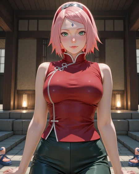an animated illustration of <lora:Naruto_-_Sakura-000017:.8> n-sakura, pink hair, green eyes, forehead protector. 25 year old.
Highest quality, best quality, masterpiece. cinematic atmosphere. The lighting is soft yet dramatic. The film grain adds a tactile, grainy texture, enhancing the dreamlike quality of the scene.
red sleeveless qipao-style top with white circular design on the back and front edges, white zipper, pink elbow-length gloves, dark green shorts, blue open-toed ninja sandals, forehead protector worn as a headband, short pink hair