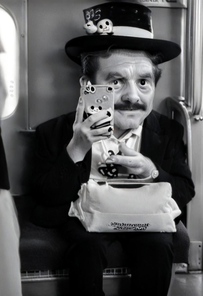 (((black and white, legsonthetra1n, from front, sitting across from viewer, train interior, holding phone, leg focus))),((small man with mustache, top hat, kenbis, chibi, chibi, male only, male, male chibi, monocle, art deco, thick mustache, comically large mustache, handlebar mustache, tiny, multiple men, shrunk, microxl, some little guys,  high angle, from above)), bwMovies, realistic, photo, vintage photo, ((very small man, small man, a small man, a man who is small, a small man)), an unapologetically small human male, black and white, smiling, very happy, euphoric, ecstatic, wonderful small men, large smile, huge smile