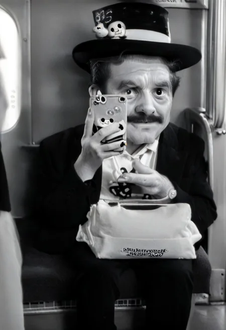 (((black and white, legsonthetra1n, from front, sitting across from viewer, train interior, holding phone, leg focus))),((small man with mustache, top hat, kenbis, chibi, chibi, male only, male, male chibi, monocle, art deco, thick mustache, comically large mustache, handlebar mustache, tiny, multiple men, shrunk, microxl, some little guys, high angle, from above)), bwMovies, realistic, photo, vintage photo, ((very small man, small man, a small man, a man who is small, a small man)), an unapologetically small human male, black and white, smiling, very happy, euphoric, ecstatic, wonderful small men, large smile, huge smile