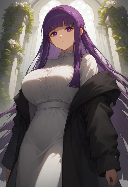 score_9, score_8_up, score_7_up, professional anime,1girl,female,solo,(fern from sousou no frieren),perfect body,wide hips, fern \(sousou no frieren\), large breasts, long hair, purple hair, half updo, blunt bangs, purple eyes,open robe, long dress,