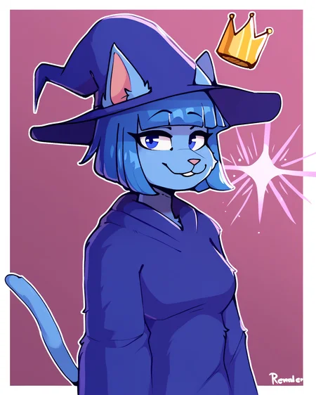 score_9_up, score_8_up, score_7_up, score_6_up, by remanedur, half-length portrait, blue hair, medium breasts, furry female, blue eyes, magic, magic user, casting spell, female, furry, cat, looking at viewer, blunt bangs, blue robe, witch, blue witch hat, crown, floating crown, short hair, blue hair, blue body, tail, solo, happy, smile, three-quarter view, head tilt, simple background, white outline, <lora:Leah_Pines(AIM)_XL_v1:0.15> <lora:PDXL_artist_tags_v2_big:0.5> <lora:The-Minuscule-Task_PDXL_v1.0:0.6> <lora:Cat_Witch_smekbo:0.9>