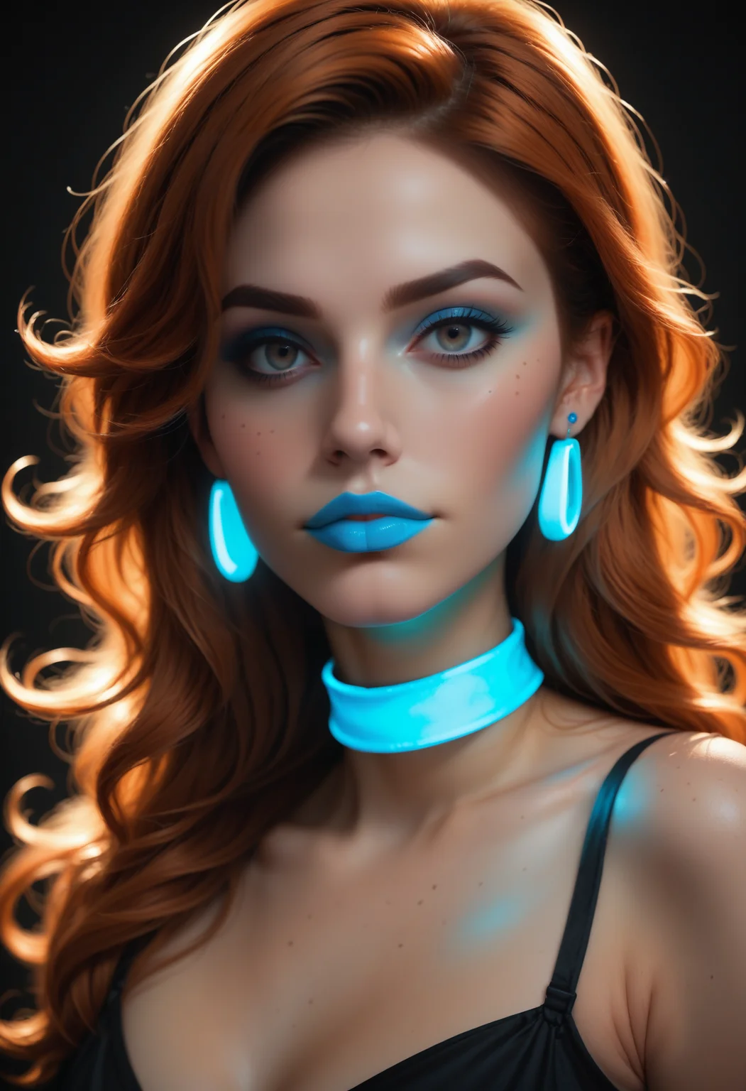 score_9, score_8_up, score_7_up, face portrait, glowing neon blue earrings, ((glowing neon blue lipstick)), glowing neon blue makeup, source_photo, realistic, 1girl, solo, 21yo, Spanish girl, freckles, large lips, beautiful eyes, brown eyes, ginger hair, long curly hair, (dark skin), (black dress), (glowing neon blue choker), (simple blurred background, depth of field), bright colors, high contrast, (black background), vivid lighting, zPDXL, <lora:lukethighwalkerneonponyv5:0.5>