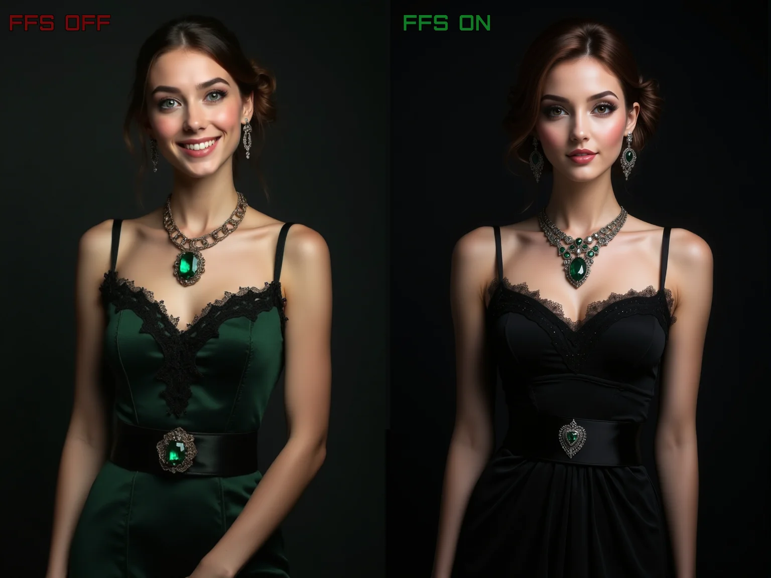 <lora:FFS_v.6:0.8> 
a (beautiful charming classy young woman with lovely adorable face, ((intrigued and smiley expression))),  eyes, vibrant  irises, long eyelashes, small neat lips, [[neat healthy teeth]], delicate eyebrows, natural skin texture, skin micro pores, facial skin microhairs, eyebrow liner, eyeliner, beautiful styled hair, neat ears, shiny earrings, shapely feminine  figure, elegantly posing, wearing a detailed tight intricate dress with a beautiful modest neckline that covers a small but firm bust, (short neck:1.4), classy necklace with a big shining emerald on the chest, wide silk belt emphasizes her feminine waist, neat hands and fingers, elegant posture gives grace and nobility to her appearance. a woman's feminine figure contrasting with a dark background, elegant amazing and sensual look. fabric details. gothic, goth.