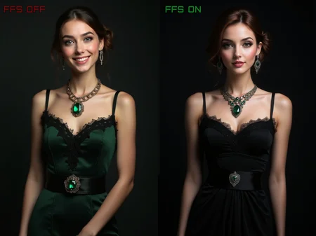 <lora:FFS_v.6:0.8> 
a (beautiful charming classy young woman with lovely adorable face, ((intrigued and smiley expression))),  eyes, vibrant  irises, long eyelashes, small neat lips, [[neat healthy teeth]], delicate eyebrows, natural skin texture, skin micro pores, facial skin microhairs, eyebrow liner, eyeliner, beautiful styled hair, neat ears, shiny earrings, shapely feminine  figure, elegantly posing, wearing a detailed tight intricate dress with a beautiful modest neckline that covers a small but firm bust, (short neck:1.4), classy necklace with a big shining emerald on the chest, wide silk belt emphasizes her feminine waist, neat hands and fingers, elegant posture gives grace and nobility to her appearance. a woman's feminine figure contrasting with a dark background, elegant amazing and sensual look. fabric details. gothic, goth.