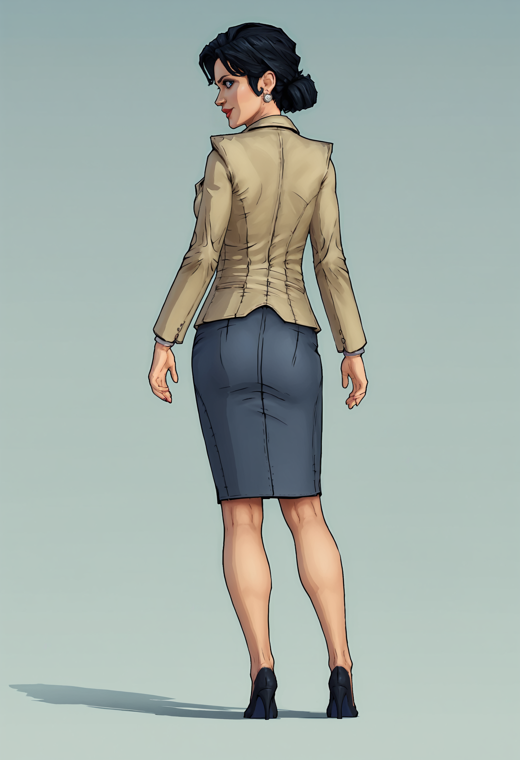 score_9, score_8_up, score_7_up, score_6_up, score_5_up, score_4_up, 1girl, <lora:SnowWhiteTWAU:0.85> solo, breasts, black hair, blue eyes, lips, makeup, earrings, jewelry, suit, jacket, cleavage, skirt, pencil skirt, lipstick, full body, black footwear, high heels, standing, smile, looking back, from behind,  
(light blue background), simple background,