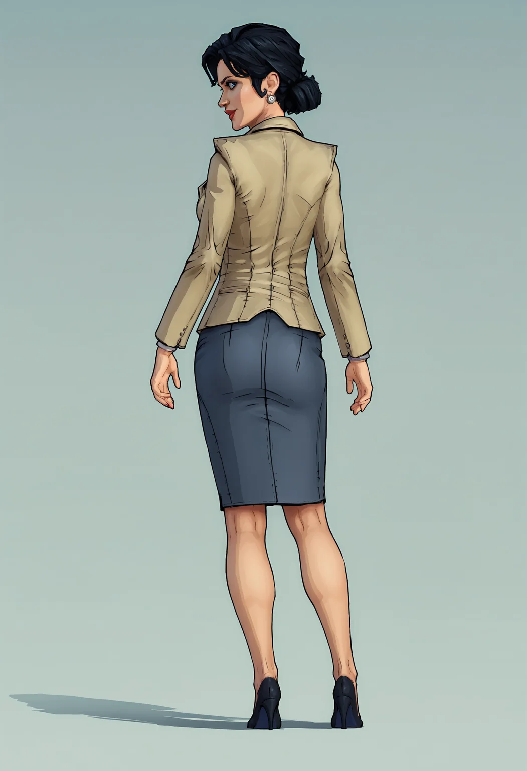 score_9, score_8_up, score_7_up, score_6_up, score_5_up, score_4_up, 1girl, <lora:SnowWhiteTWAU:0.85> solo, breasts, black hair, blue eyes, lips, makeup, earrings, jewelry, suit, jacket, cleavage, skirt, pencil skirt, lipstick, full body, black footwear, high heels, standing, smile, looking back, from behind,
(light blue background), simple background,
