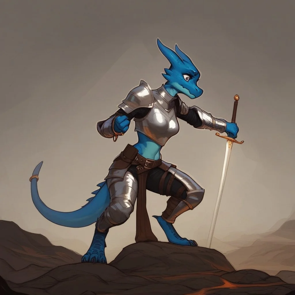 score_9, score_8_up, score_7_up, score_6_up, source_cartoon, black outlines, 1girl, solo, full body, profile, in a cave, blue Kobold, furry dragon, tail, short stature, short, medium breasts, scales, scaly skin, knight armor, road sword, leather utility belt, bracelets, anklets, cute face, pale blue skin, fighting stance, worried look on face